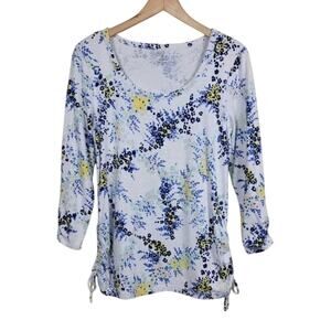 Talbots Floral Top Womens Size S White Blue Multicolor Round Neck Rayon Cotton